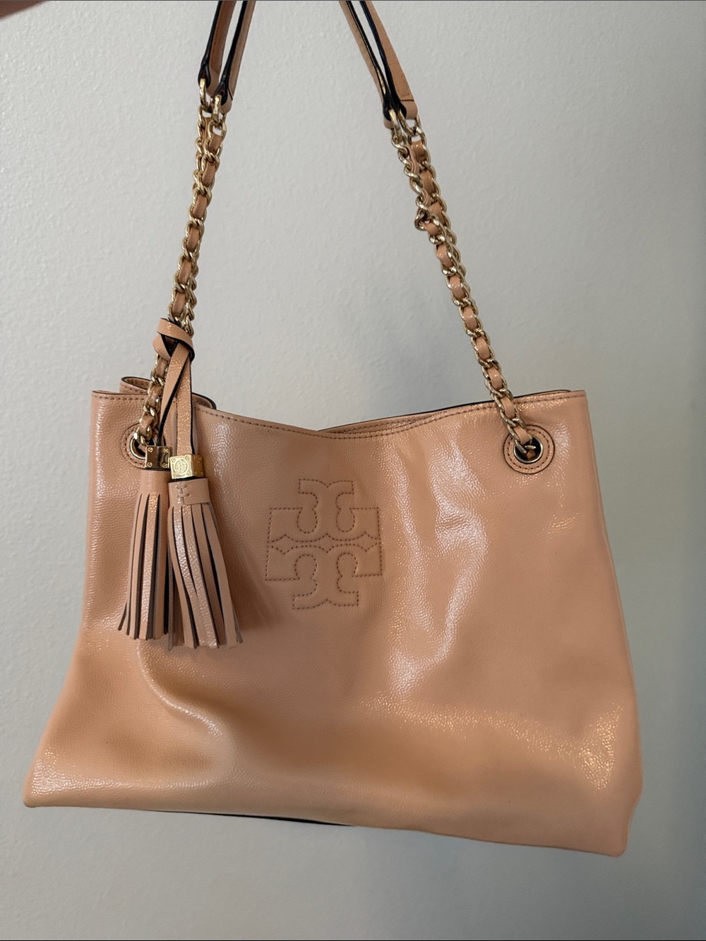 Tory Burch Leather Shoulder Tote in Blush Tan